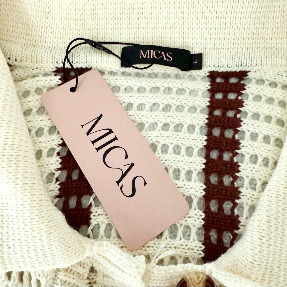 Women’s Knitted Cardigan Long Sleeve Button Up Crochet Striped Cardigan Sweater - Picture 6 of 10